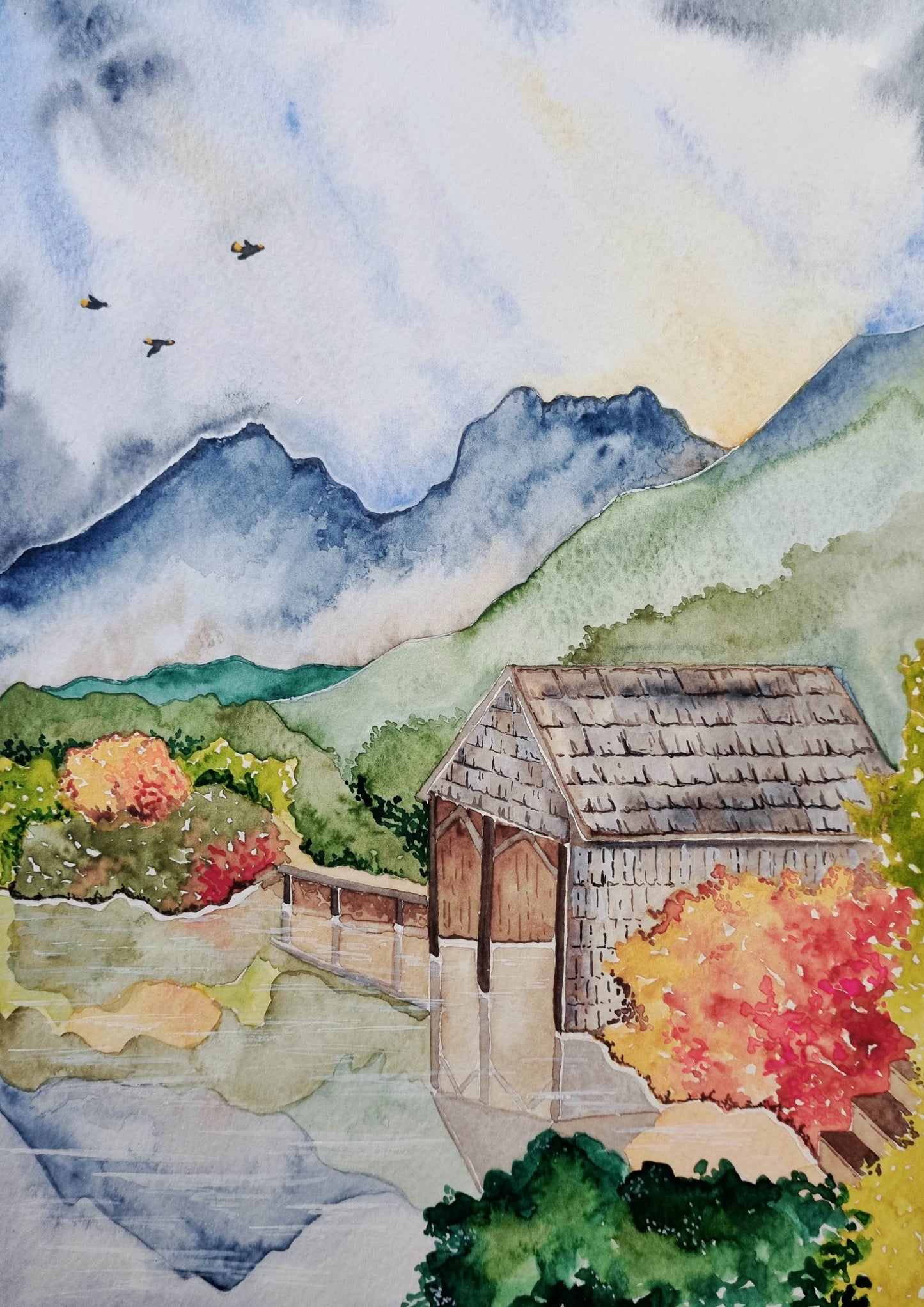 Tasmanian art print Cradle Mountain Boat Shed Dove Lake