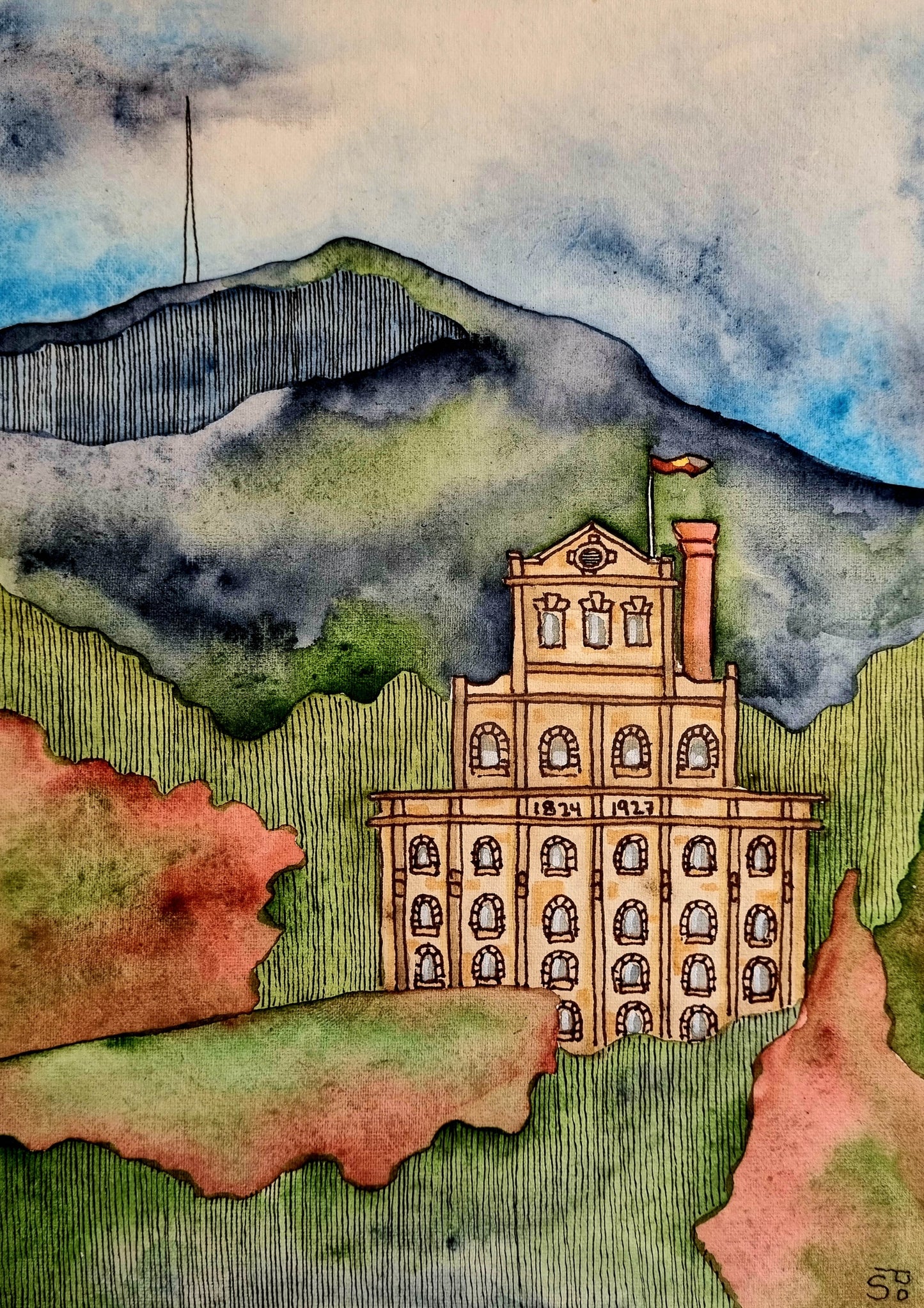 Tasmanian art print - Cascade Brewery under kunanyi