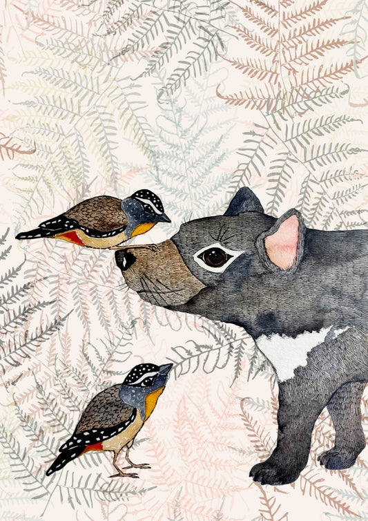 Tasmanian art print - Tasmanian Devil and Forty Spotted Pardalote