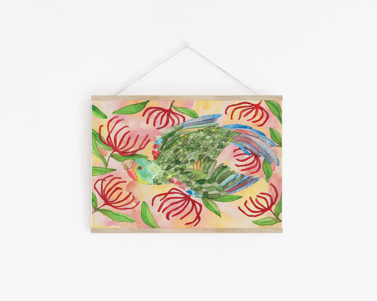 Art Print - Swift Parrot & Waratahs