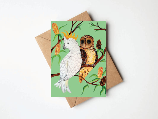 Greeting Card - Owl & Cockatoo