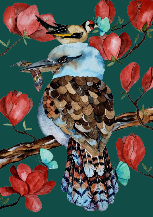 Art Print - Tasmanian Flora and Fauna - Kookaburra European Goldfinch Art Print